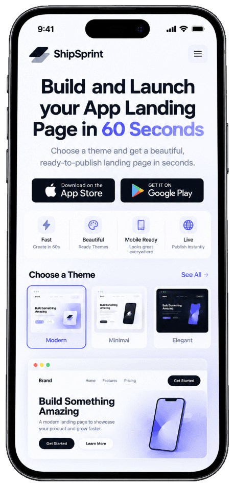 ShipSprint mobile app landing page builder on iPhone